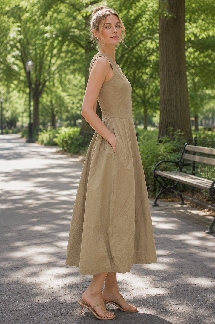 Pinch Solid Wide Maxi Dress Khaki