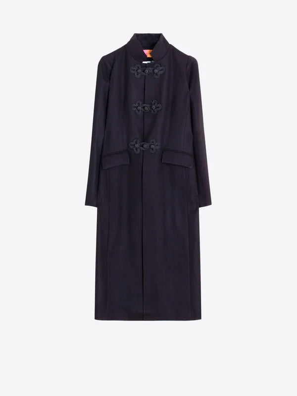 Vilagallo  Long Black Wool Toggle Coat with Frog Fastenings