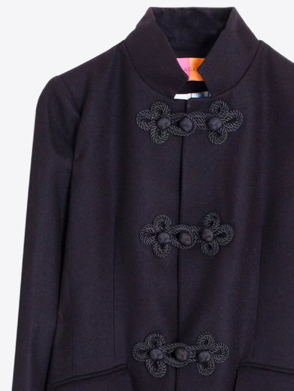 Vilagallo  Long Black Wool Toggle Coat with Frog Fastenings