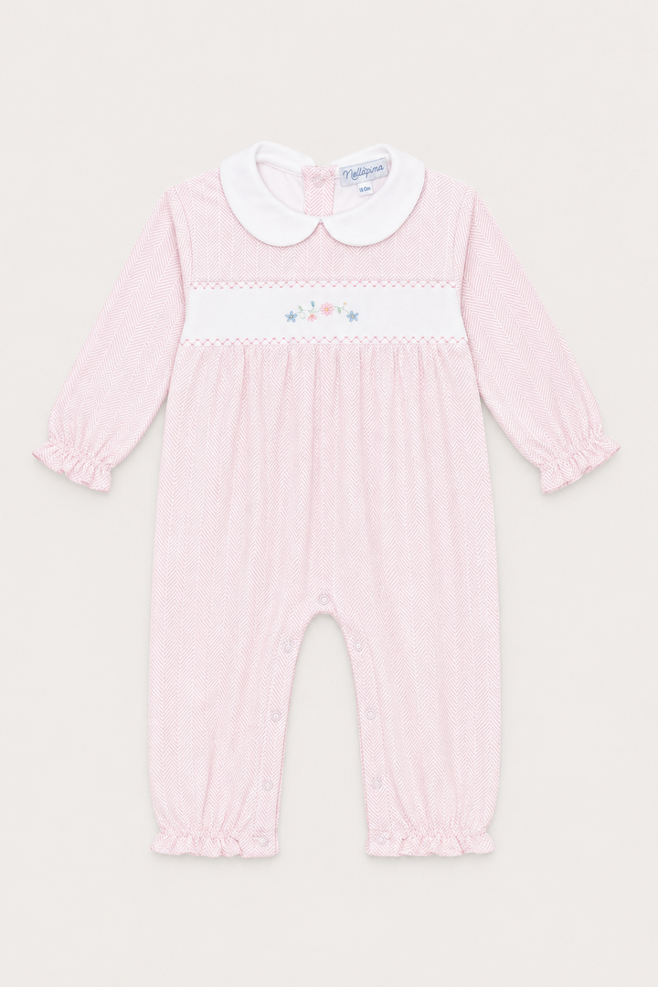 Nellapima Pink Herringbone Embroidered Playsuit Flowers
