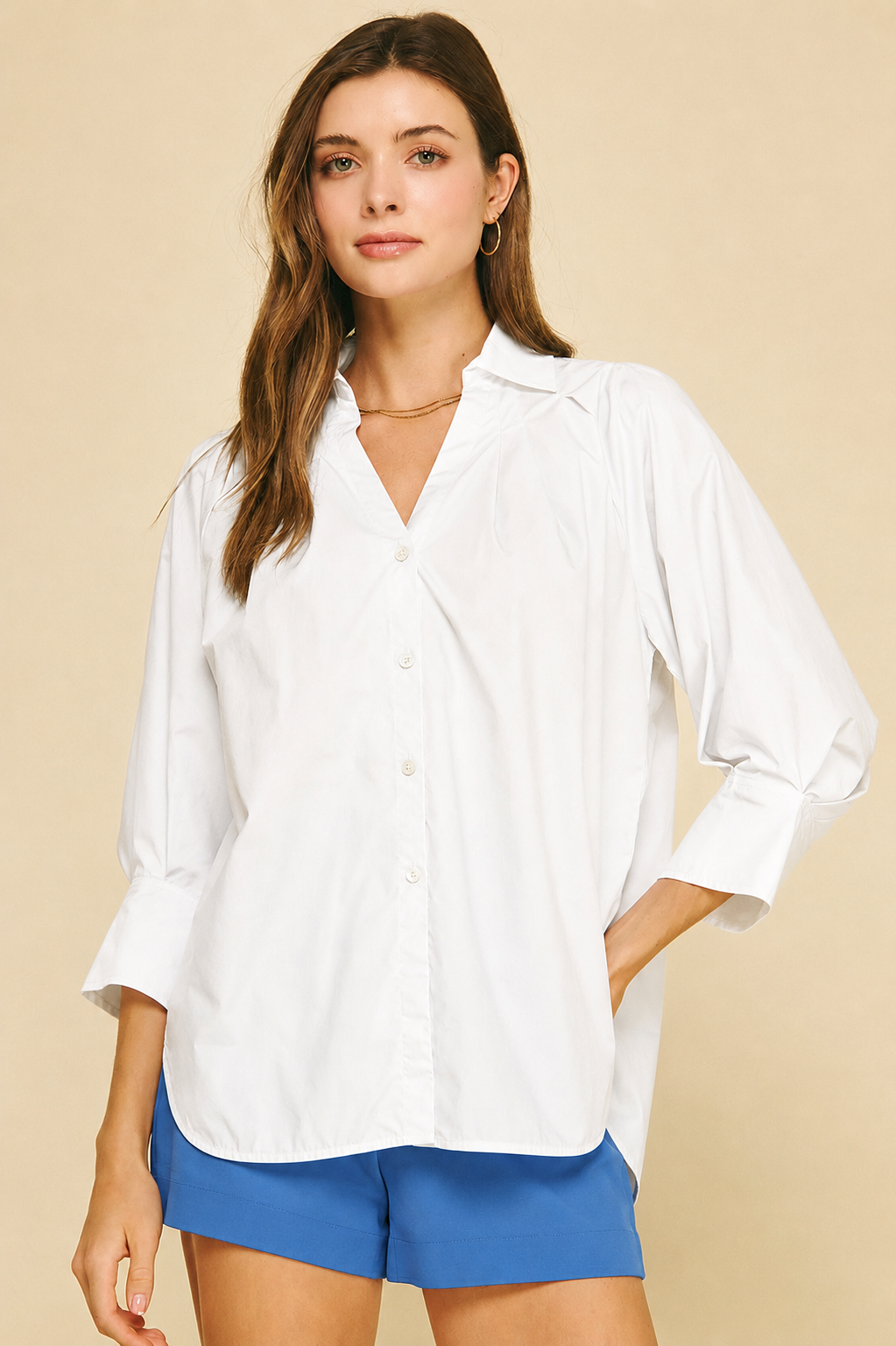 Pinch V-Neck Collar Wide Cuff Shirt