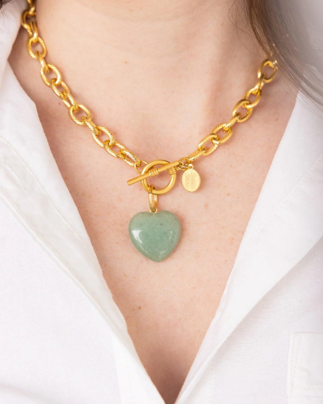 Susan Shaw Stone Heart Toggle Necklace Green Jade