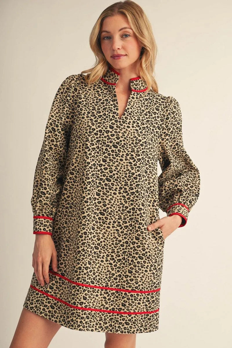 Jodifl-Leopard Denim Dress w/Red Trim