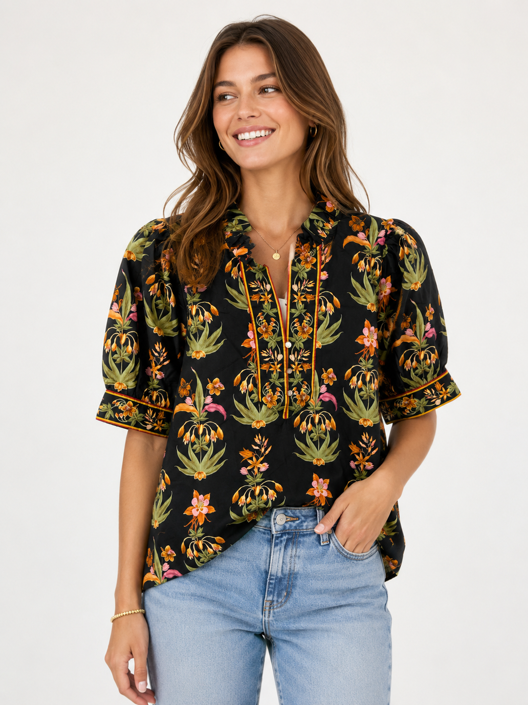 Entro- Black Floral Puff Sleeve Blouse