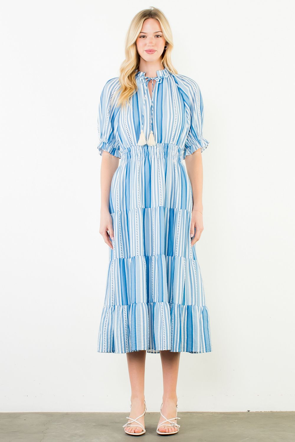 THML- Puff Sleeve Striped Midi Dress Blue
