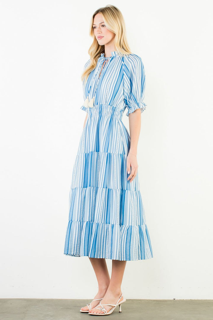 THML- Puff Sleeve Striped Midi Dress Blue