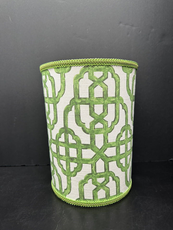 Jan Sevadjian Designs Fabric Covered Waste Basket Green & White Fretwork