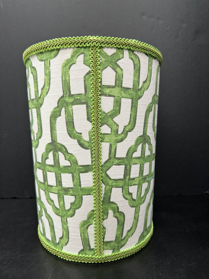 Jan Sevadjian Designs Fabric Covered Waste Basket Green & White Fretwork