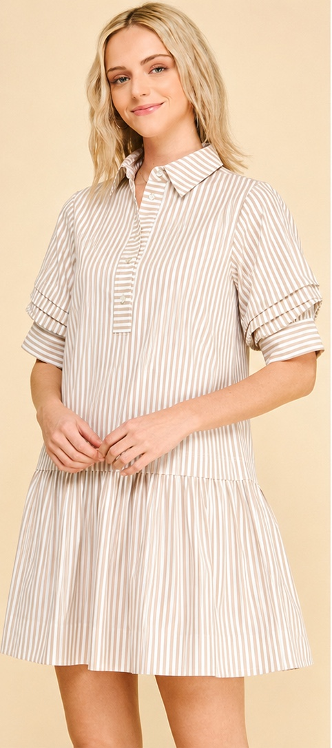Pinch Striped Button-down Mini Dress Khaki