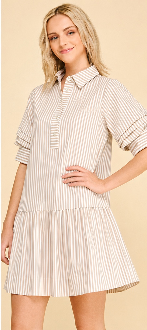 Pinch Striped Button-down Mini Dress Khaki