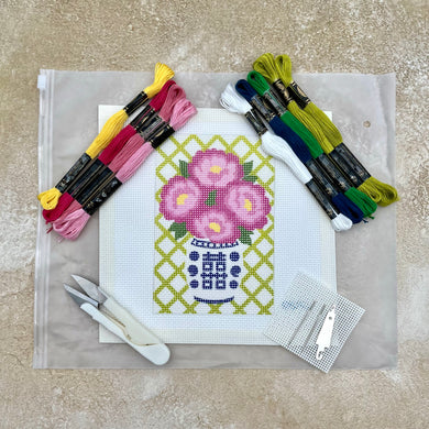 Blue Poppy-Double Happiness Vase &amp; Pink Flowers Needlepoint