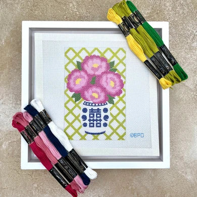 Blue Poppy-Double Happiness Vase &amp; Pink Flowers Needlepoint