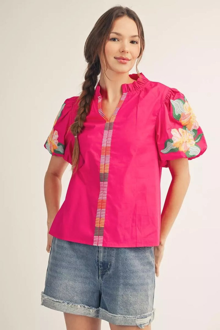 Jodifl-Embroidered Puff Sleeve Top