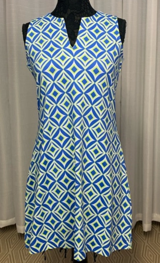 Lulu-B- 3/4 Travel Dress- Blue/Green Geometric XL