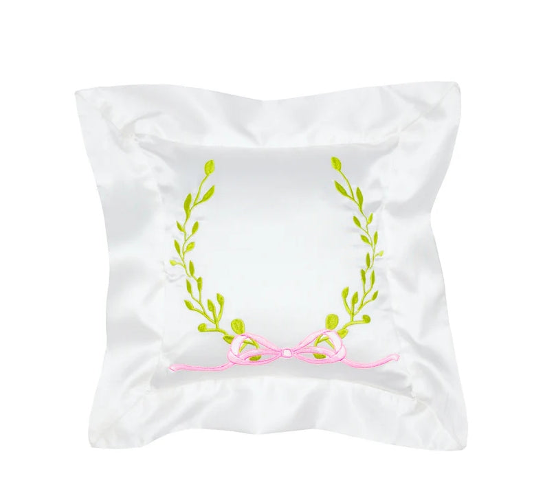 Over the Moon Laurel Satin Pillow - Blue Bow