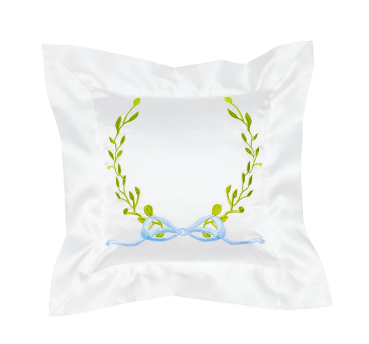 Over the Moon Laurel Satin Pillow - Blue Bow