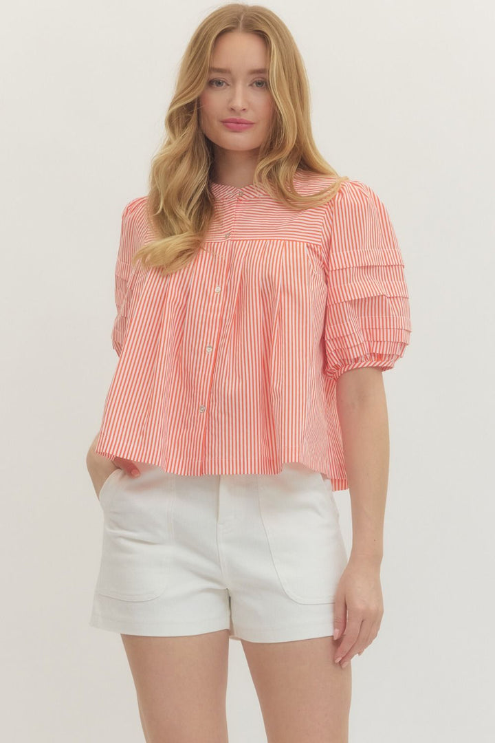 Entro Orange Stripe Puff Sleeve Top