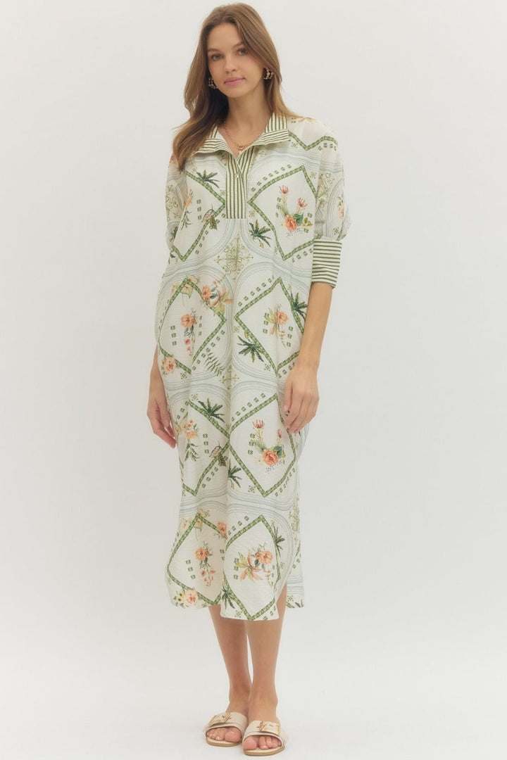 Entro Scarf Print 3/4 Sleeve Midi Dress