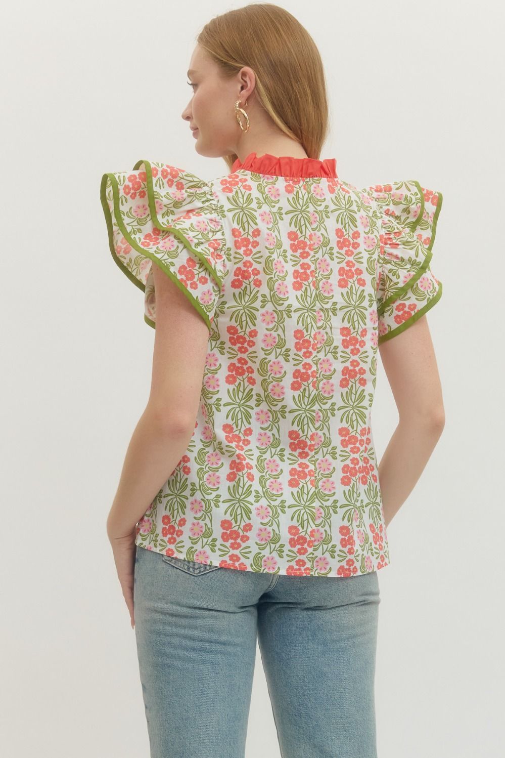 Entro Floral Print Flutter Sleeve Top