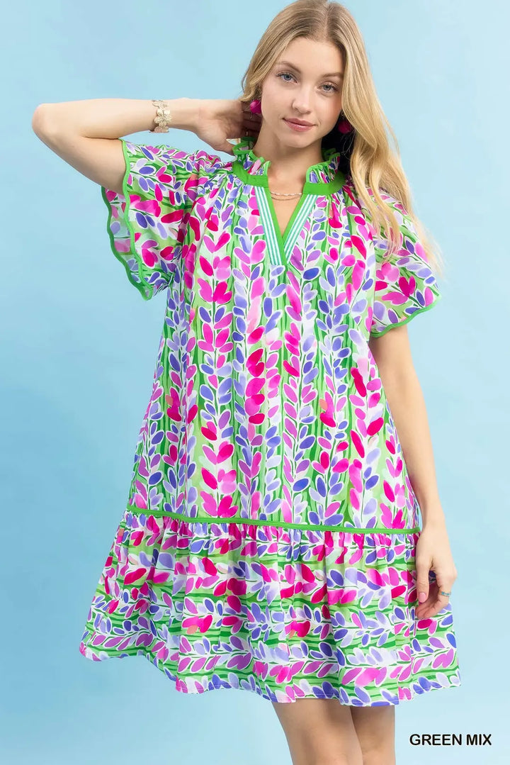 Umgee Lining Vine Print Butterfly Sleeve Dress