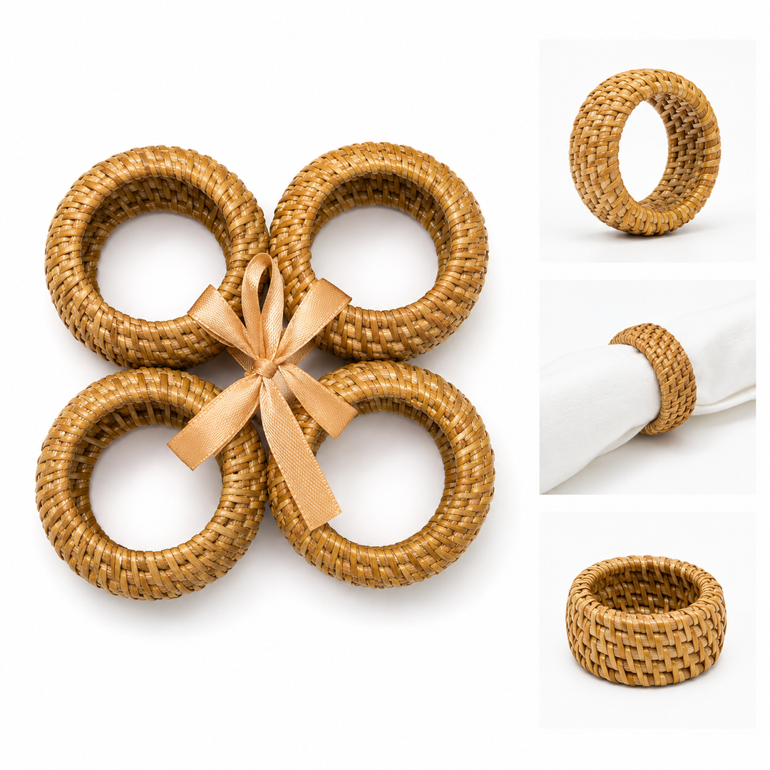 Saro Woven Rattan Napkin Ring- Set of 4