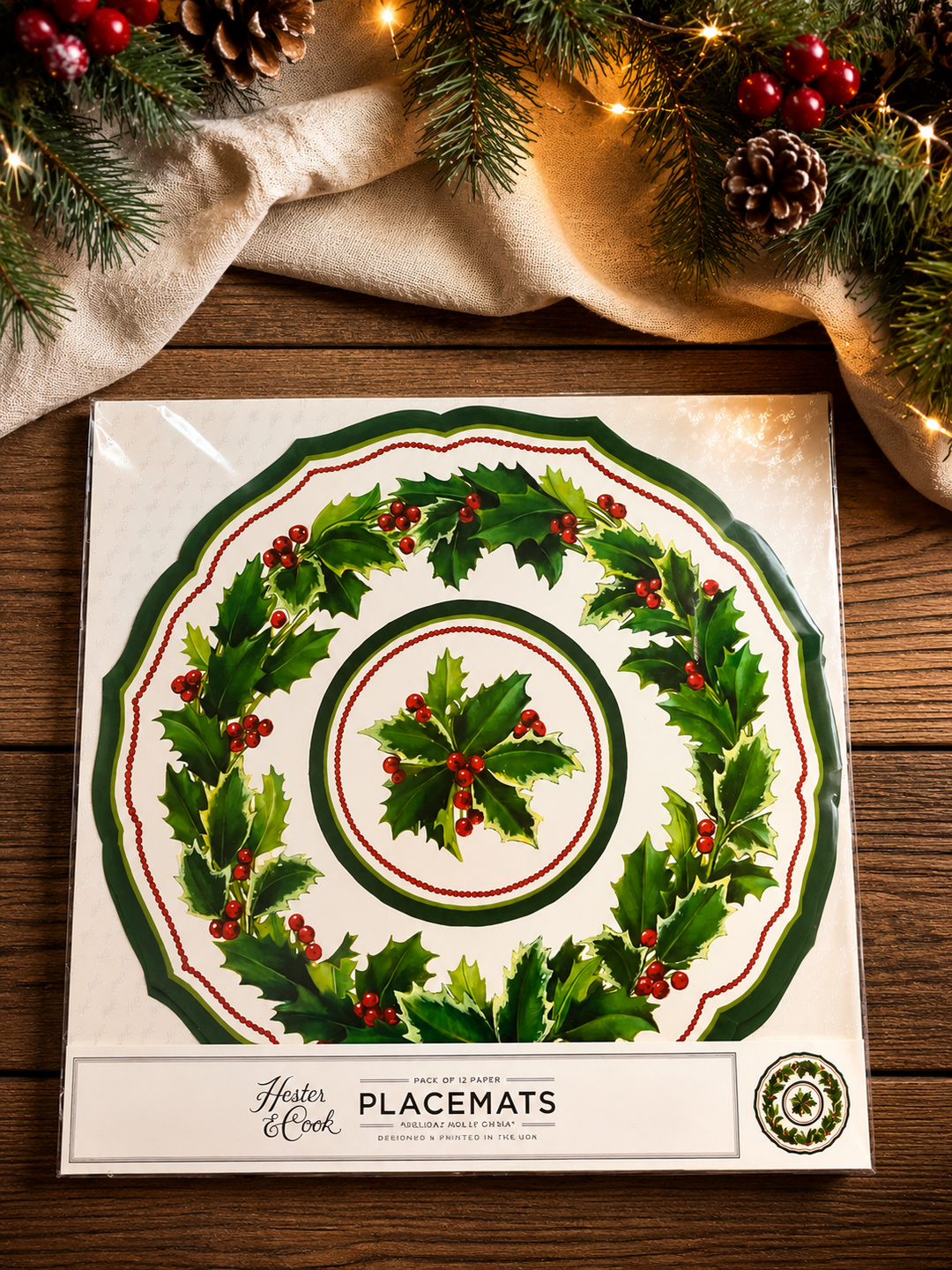 Hester & Cook Die-cut Holiday Holly China Placemat- 12 sheets