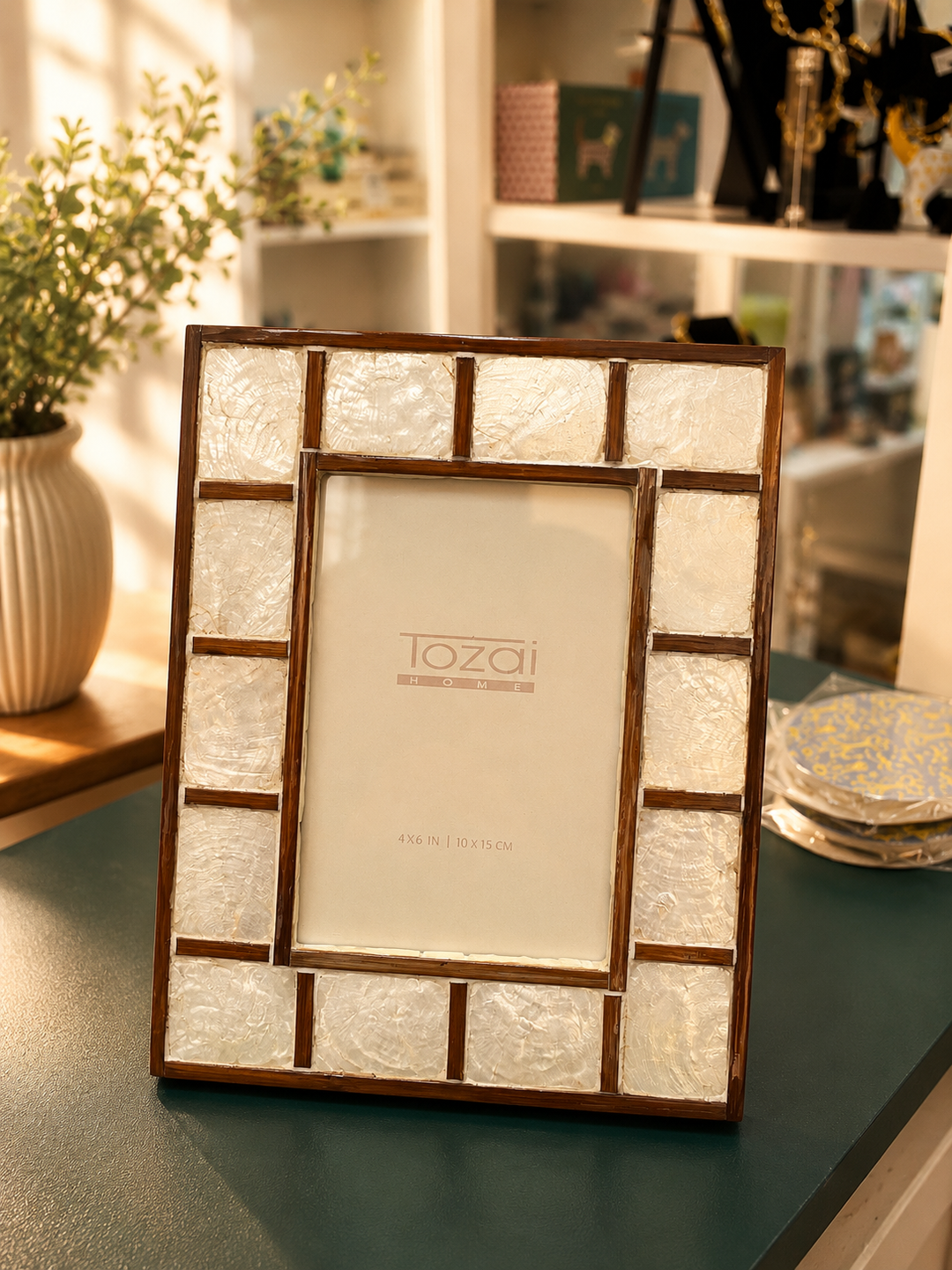 Two's Company Hand Inlaid Bamboo/Capiz Shell Photo Frame 4x6