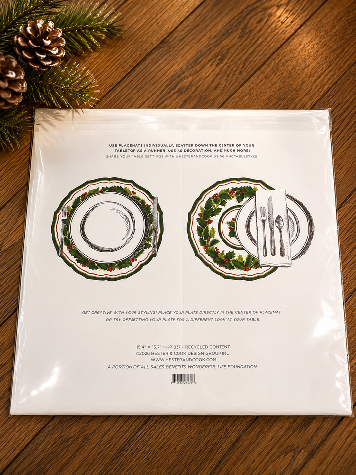 Hester & Cook Die-cut Holiday Holly China Placemat- 12 sheets