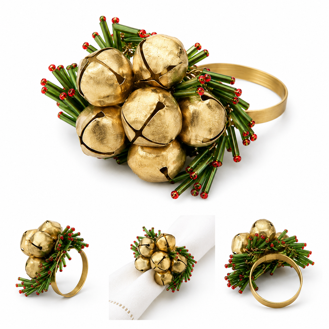 Saro Beaded Snowflake and Bells Napkin Ring- Set of 4