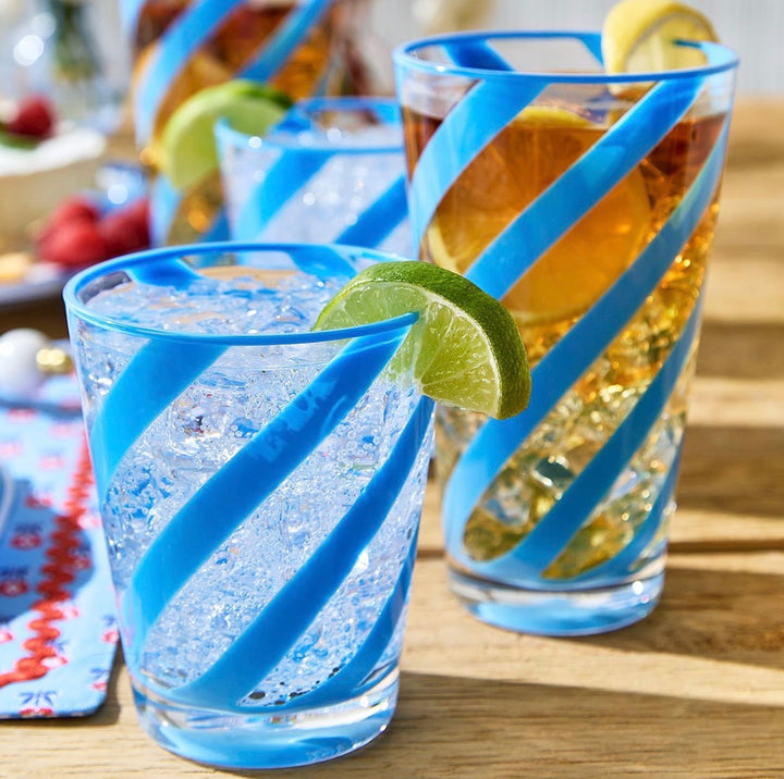 Two's Company Tall Blue Ribbon Drinking Glasses Set Of 4