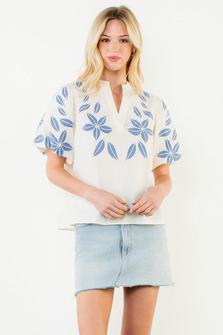 THML- Puff Sleeve Embroidery V-Neck Top